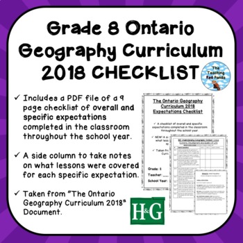 Preview of Grade 8 ONTARIO GEOGRAPHY CURRICULUM 2018 EXPECTATIONS CHECKLIST