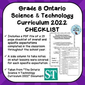 Preview of Grade 8 ONTARIO SCIENCE & TECHNOLOGY CURRICULUM 2022 EXPECTATIONS CHECKLIST