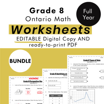 Preview of Grade 8 Ontario Math Curriculum FULL YEAR Worksheet Bundle (all expectations)