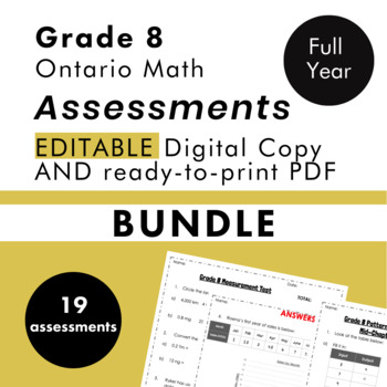 Preview of Grade 8 Ontario Math Curriculum Full Year Assessment Bundle (tests, quizzes)