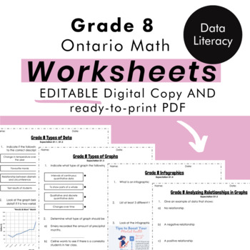 Preview of Grade 8 Ontario Math -Data Literacy Worksheets -PDF+FULLY Editable Google Slides