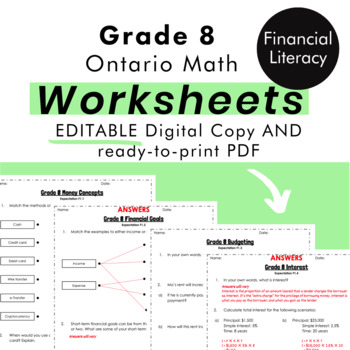 Preview of Grade 8 Ontario Math - Financial Literacy Worksheets -PDF+Editable Google Slides