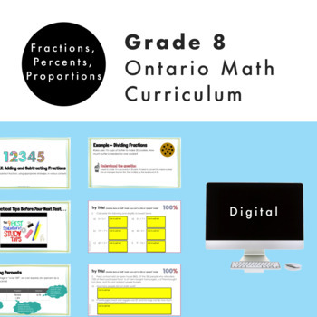Preview of Grade 8 Ontario Math Fractions, Percents, Proportions Digital Google Slides+Form