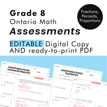 Preview of Grade 8 Ontario Math Fractions, Percents, Proportions Assessments PDF GSlides