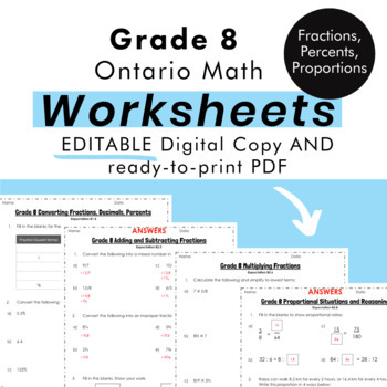 Preview of Grade 8 Ontario Math Fractions, Percents, Proportions Worksheets PDF & GSlides