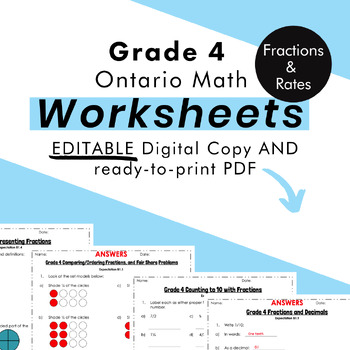 Preview of Grade 4 Ontario Math - Fractions & Rates Worksheets PDF & Google Slides