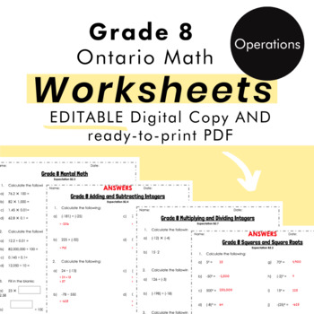 Preview of Grade 8 Ontario Math - Operations Worksheets - PDF+FULLY Editable Google Slides