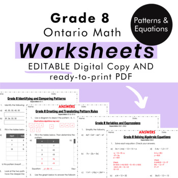 Preview of Grade 8 Ontario Math -Patterns&Equations Worksheets -PDF+Editable Google Slides