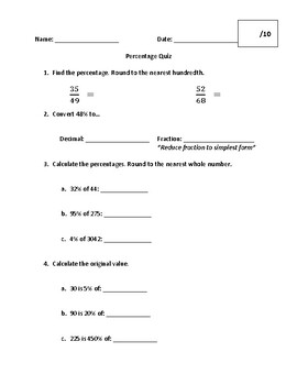 Preview of Grade 8 Percentage Quiz