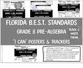 Preview of Grade 8 Pre-Algebra Florida B.E.S.T. Standards Posters & Trackers (Black&White)