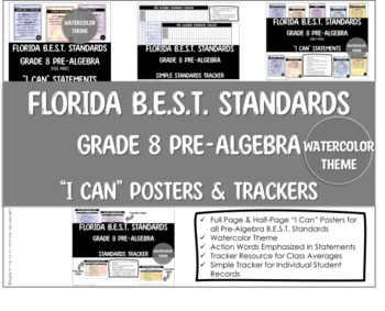 Preview of Grade 8 Pre-Algebra Florida B.E.S.T. Standards Posters & Trackers (Watercolor)