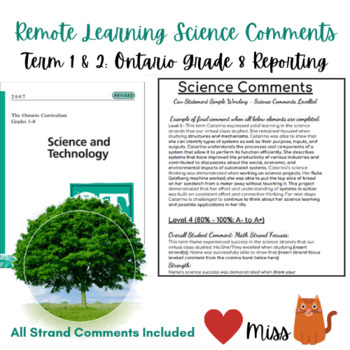 Preview of Grade 8 REMOTE LEARNING - Ontario Science Curriculum Report Card Comments