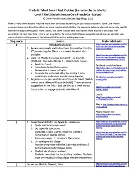 Preview of Grade 8 (SK Level 7) Core French Talent Search Unit Outline