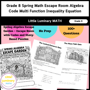 Preview of Grade 8 Spring Math Escape Room Algebra Code Multi Function Inequality Equation