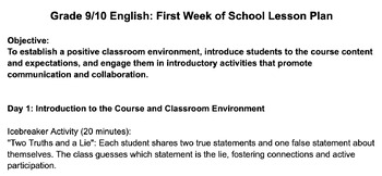 Preview of Grade 9/10 English: First Week of School Lesson Plan.  Lessons for 5 days
