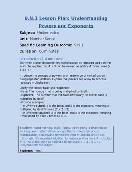 Preview of 9.N.1 Math Lesson Plan Powers and Exponents