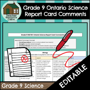 Preview of Grade 9 SCIENCE SNC1W Ontario Report Card Comments (Use with Google Docs™)