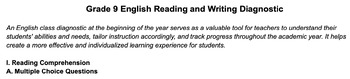 Preview of Grade 9 or 10 English Reading and Writing Diagnostic