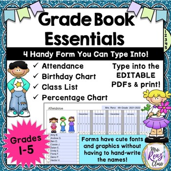 Preview of Grade Book Forms: Attendance, Class List, Birthday & Grade Chart - Editable PDFs