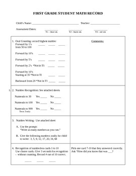 Preview of Grade One Student Math Record and Scoring Guide