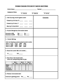 Preview of Grade Three Student Math Record and Scoring Guide