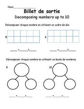 Grade one French Immersion- exit ticket decomposing number to 10 by ...