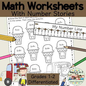 Preview of Math Fact Practice Differentiated Ice Cream Themed Worksheets With Word Problems