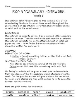 Preview of Grades 3-5 End of Grade (EOG) Test -Prep: Weekly Vocabulary Homework & Quizzes