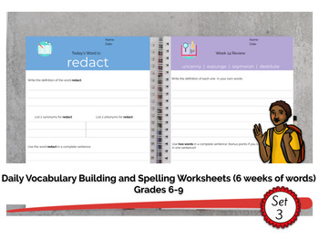 Preview of Grades 6-9 Daily Vocabulary Building Worksheets (6 weeks of work - set 3)