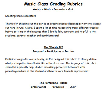 Preview of Grading Rubrics for Band-Choir-Music