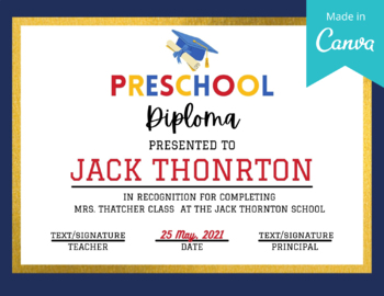 Preview of Graduation Diploma  / Certificate / Editable with Canva / School Printables