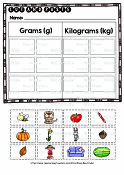 Gram vs Kilogram Sorts | Cut and Paste Worksheet by Busy Bee Studio