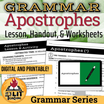 Preview of Grammar: Apostrophes Lesson, Handout, and Worksheets