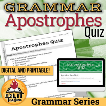 Preview of Grammar: Apostrophes Quiz | Editable, Digital, & Printable