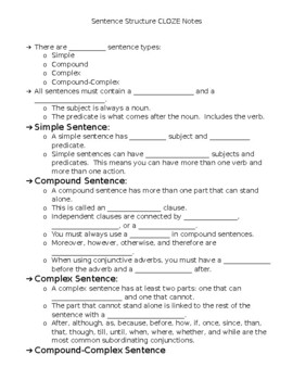Grammar CLOZE Notes: Sentence Structure by The Lazy English Teacher