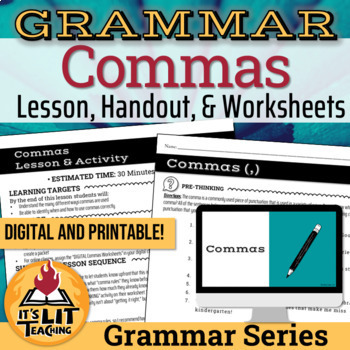 Preview of Grammar: Commas Lesson, Handout, and Worksheets | Printable & Digital