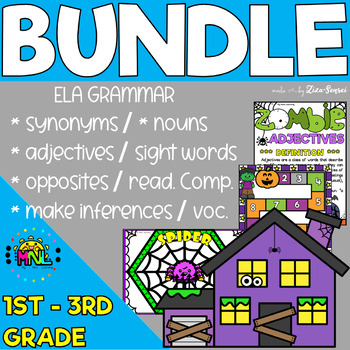 Preview of Grammar ELA Halloween Games Puzzles Flashcards And Worksheets BUNDLE
