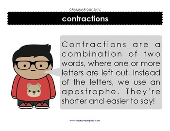 Preview of Grammar Guy Says: contractions minilesson and posters