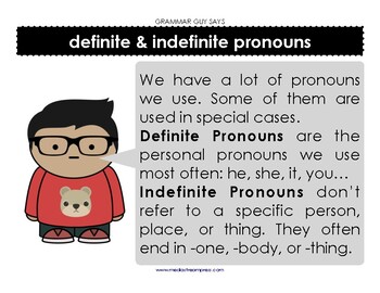 Preview of Grammar Guy Says: definite and indefinite pronouns minilesson and posters