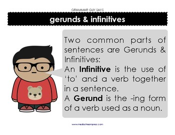 Preview of Grammar Guy Says: gerunds and infinitives minilesson and posters