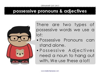 Preview of Grammar Guy Says: possessive adjective and pronoun minilesson and posters