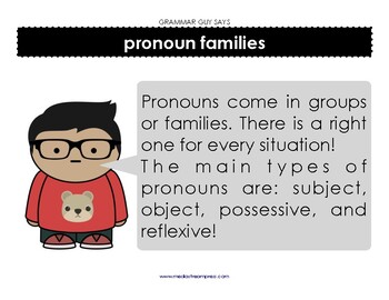 Preview of Grammar Guy Says: pronoun families minilesson and posters