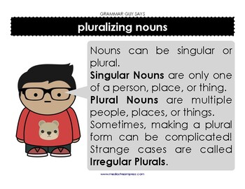 Preview of Grammar Guy Says: singular and plural nouns minilesson and posters