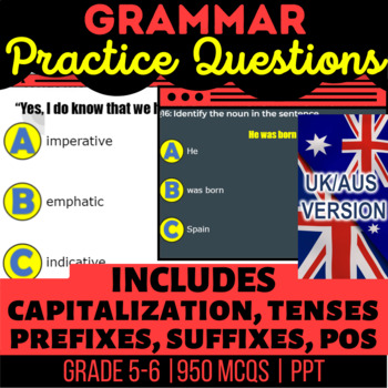 Preview of Grammar Interactive Review Bundle Nouns Verbs Adjectives, Tenses UK/AUS Spelling