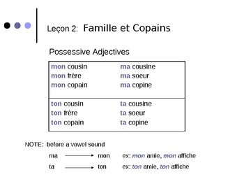 Preview of French Grammar Leçon 2 Parler de la famille et des copains, DF Bleu