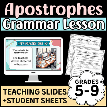 Preview of Grammar Lesson: APOSTROPHE (34 Fun Teaching Slides + Student Practice + Answers)