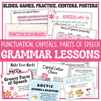 Preview of Grammar Lessons/Activities | Punctuation Capitalization Parts of Speech Adverbs