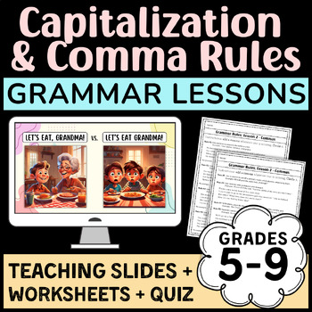 Preview of Grammar Lessons: CAPITALIZATION & COMMAS (65 Teaching Slides, Worksheets + Quiz)