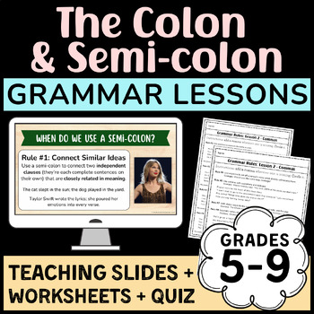 Preview of Grammar Lessons COLON and SEMI-COLON: 42 Fun Teaching Slides + Worksheets + Quiz