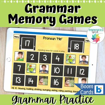 Preview of Grammar Memory Games Boom Cards™ Speech Therapy ELL Language Matching Activity